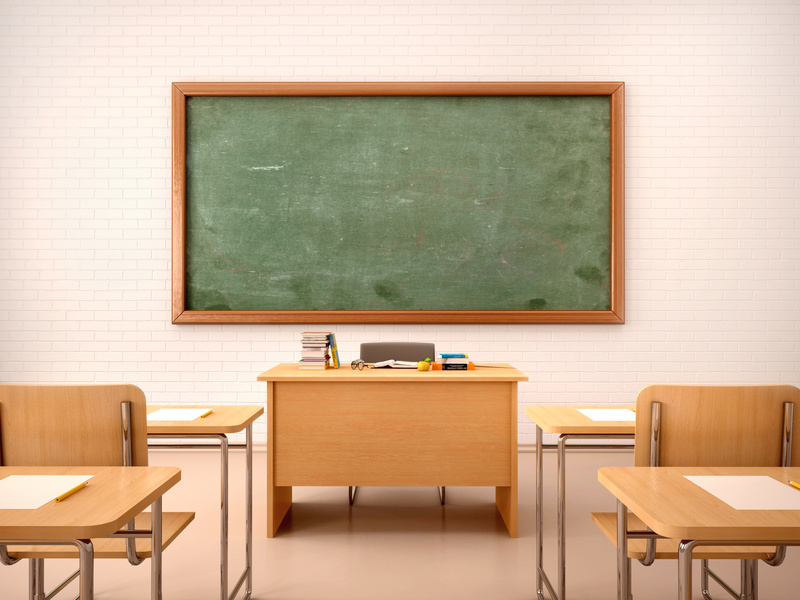 3d illustration of bright empty classroom for lessons and traini