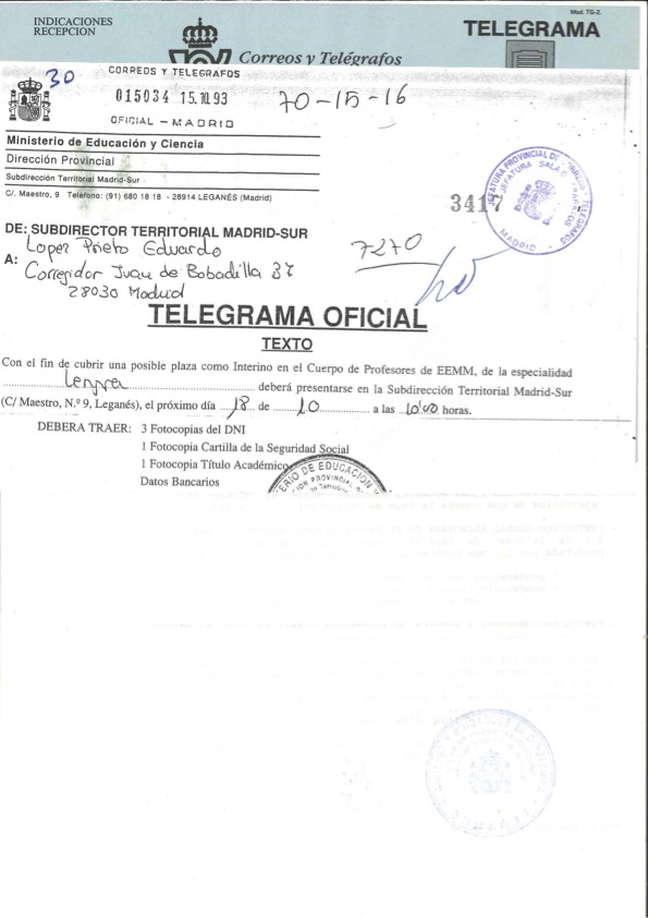 Telegrama Oposición Lengua 1993